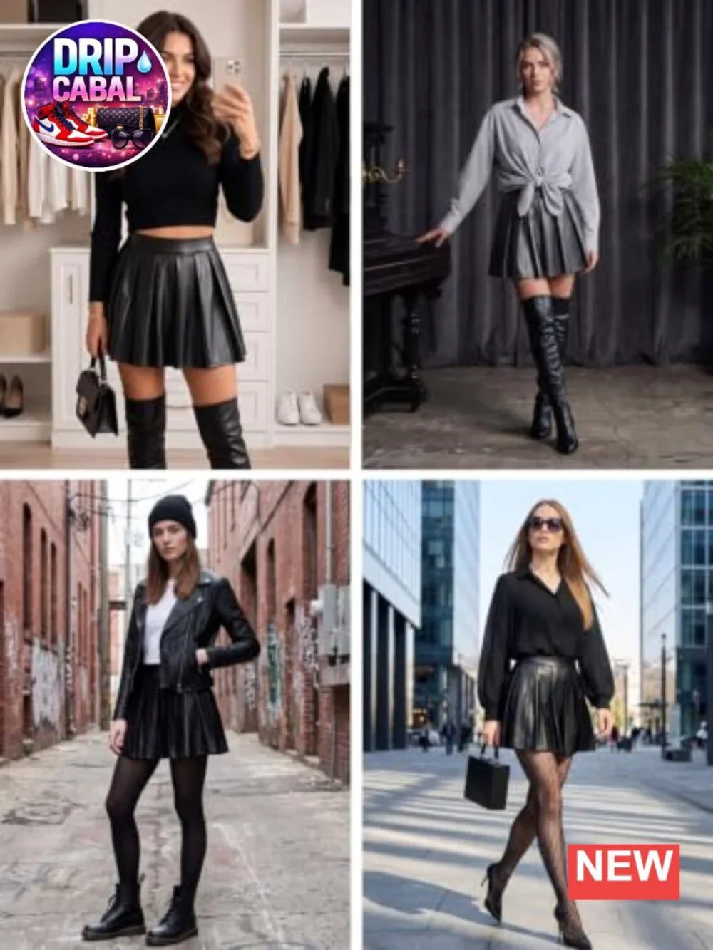 Women's Pleated Mini Skirt with Built-in Shorts & Pockets Faux Leather Skater